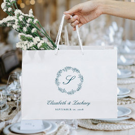 Monogram Teal Blue Foliage Wreath Wedding Große Geschenktüte