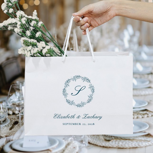 Monogram Teal Blue Foliage Wreath Wedding Große Geschenktüte (Von Creator hochgeladen)