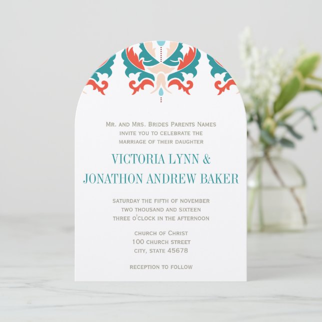 Monogram Teal Peach Red Orange Wedding Einladung (Stehend Vorderseite)