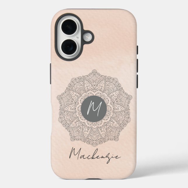 Monogram Template Name Modern Mandala Blush Pink iPhone 16 Hülle (Rückseite)