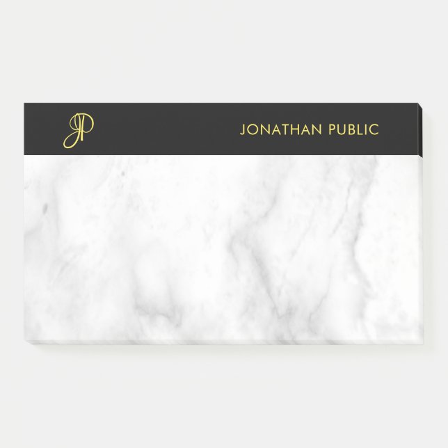Monogram Template White Marble Black Gold Elegant Post-it Klebezettel (Vorderseite)
