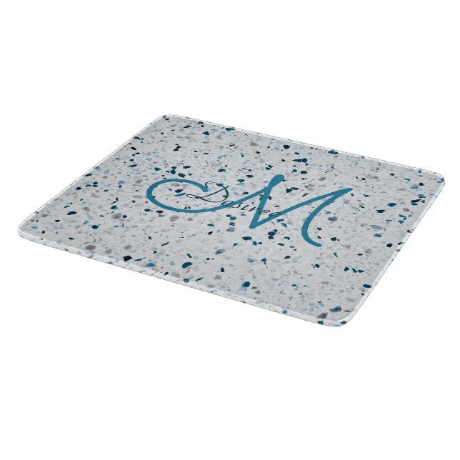 Monogram Terrazzo Aquamarin Blue Green Grey Retro Schneidebrett (Ecke)