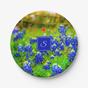 Monogram Texas Bluebonnets & Indischer Pinsel Pappteller
