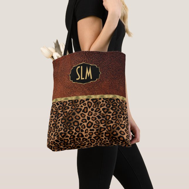 Monogram Textur Brown and Leopard Muster Tasche (Von Nahem)