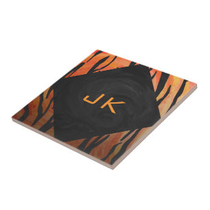 Monogram Tiger Hot Orange und Schwarz Print Muster Fliese