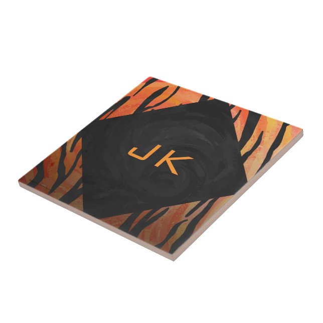Monogram Tiger Hot Orange und Schwarz Print Muster Fliese (Seite)