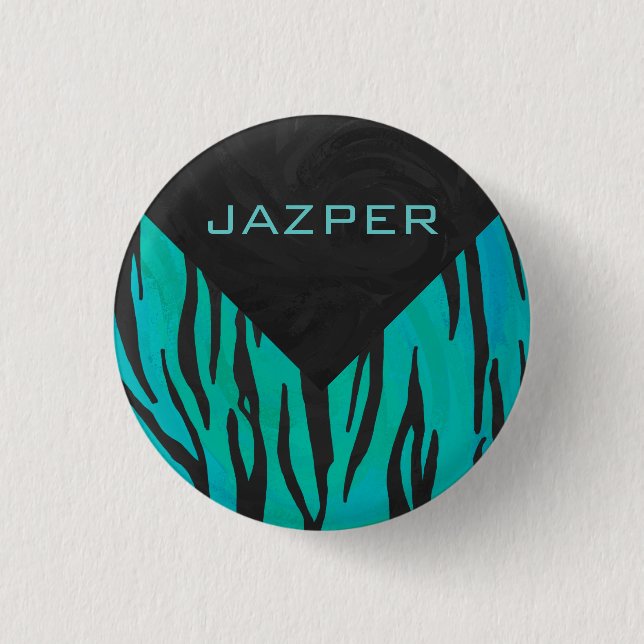 Monogram Tiger Schwarz und Aquamarines Druckmuster Button (Vorderseite)