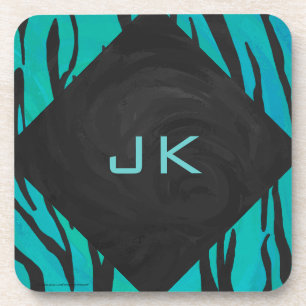 Monogram Tiger Schwarz und Aquamarines Druckmuster Getränkeuntersetzer
