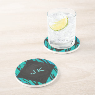 Monogram Tiger Schwarz und Aquamarines Druckmuster Getränkeuntersetzer