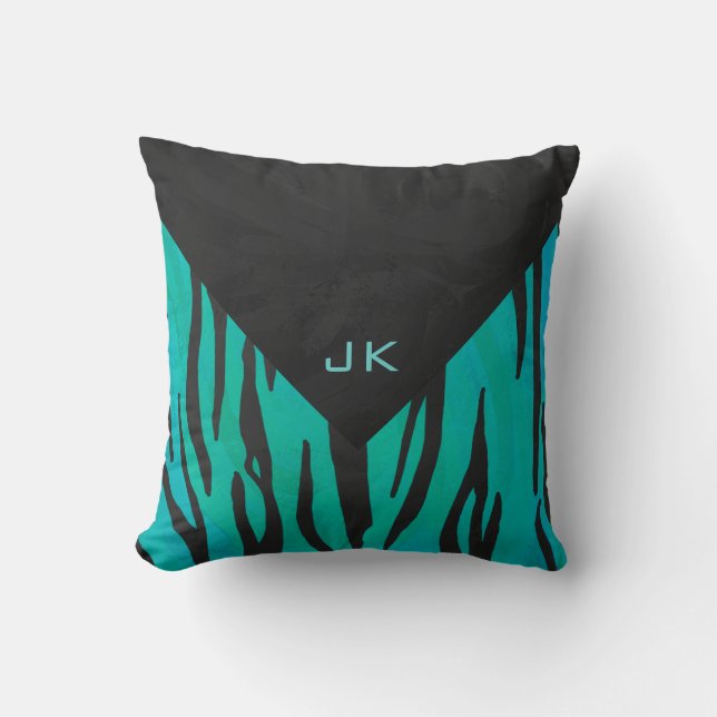 Monogram Tiger Schwarz und Aquamarines Druckmuster Kissen (Vorderseite)