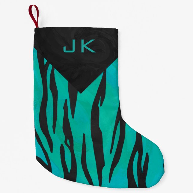 Monogram Tiger Schwarz und Aquamarines Druckmuster Kleiner Weihnachtsstrumpf (Vorderseite)