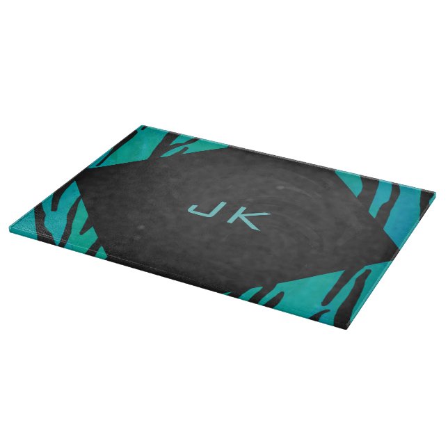 Monogram Tiger Schwarz und Aquamarines Druckmuster Schneidebrett (Ecke)