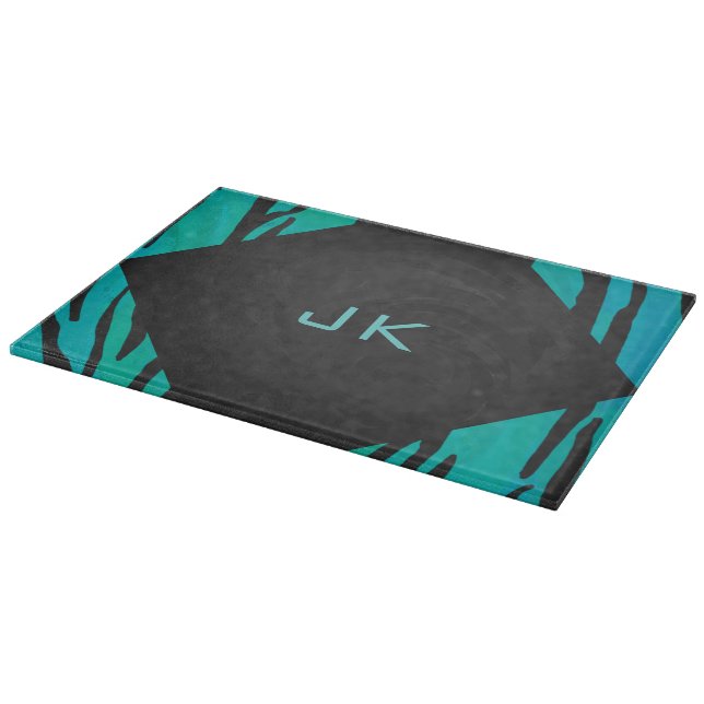 Monogram Tiger Schwarz und Aquamarines Druckmuster Schneidebrett (Ecke)