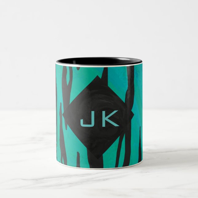 Monogram Tiger Schwarz und Aquamarines Druckmuster Zweifarbige Tasse (Mittel)