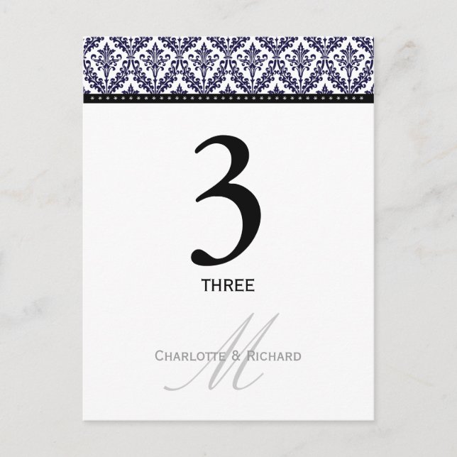 Monogram-Tischnummer für den Navy Blue Damask Postkarte (Vorderseite)