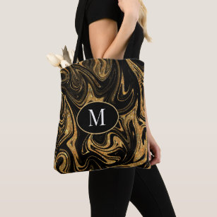Monogram Tote Bag Gold Glitzer auf schwarzem Hinte Tasche