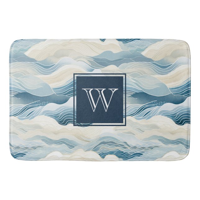 Monogram Tranquil Blau-Weiße Wellenmuster Bath Badematte (Vorderseite)