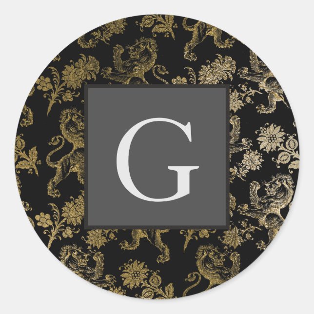 Monogram Trauzeugen Trauzeuge Black Gold Lion Dama Runder Aufkleber (Vorderseite)