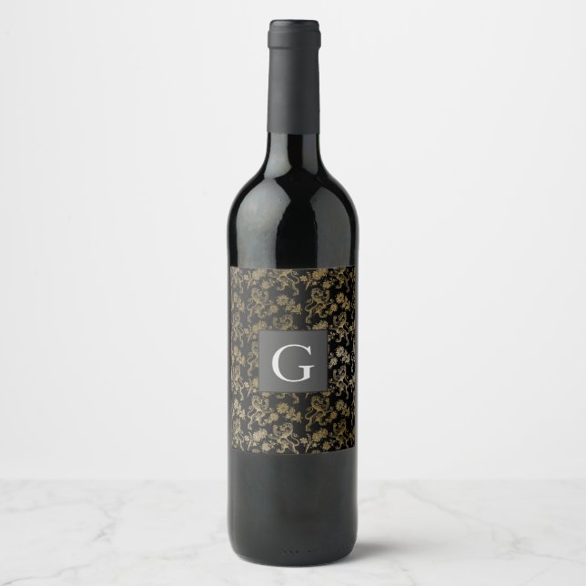 Monogram Trauzeugen Trauzeuge Black Gold Lion Dama Weinetikett (Vorderseite)