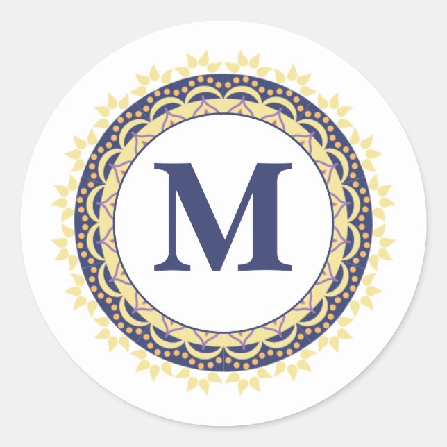 Monogram Trendy Typografie Chic blau Runder Aufkleber (Vorderseite)