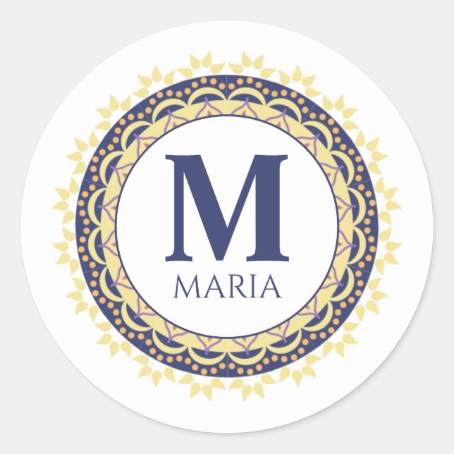 Monogram Trendy Typografie Chic Blue Name Runder Aufkleber (Vorderseite)
