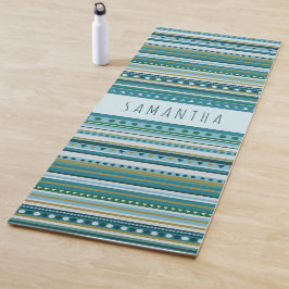 Monogram Tribal Aquamarin Blue Stripes Muster Yogamatte