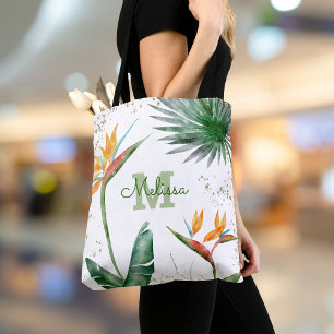 Monogram Tropical Island Floral Script Gold White Tasche