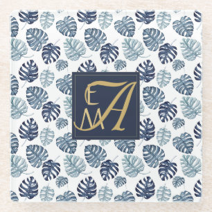 Monogram Tropical Palm Navy Blue Gold Hochzeit Glasuntersetzer