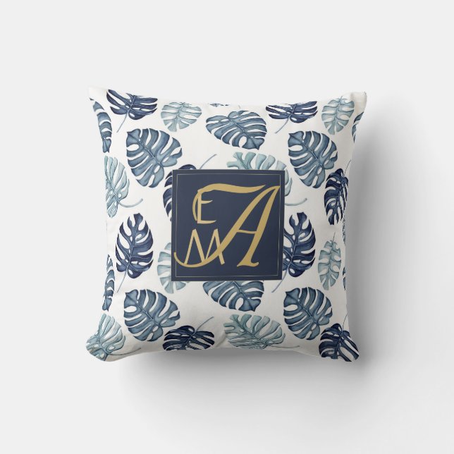 Monogram Tropical Palm Navy Blue Gold Hochzeit Kissen (Vorderseite)