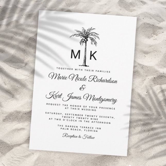 Monogram Tropical Palm Tree Formal Beach Wedding Einladung (Monogram Tropical Palm Tree Formal Beach Wedding Invitation)