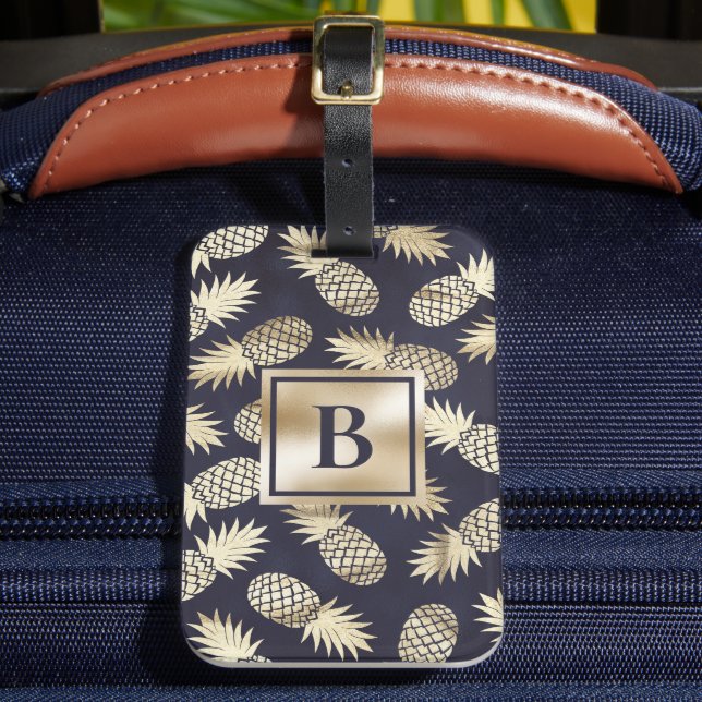 Monogram Tropical Pineapple Girly Gold Navy Gepäckanhänger (Vorderseite Insitu 2)