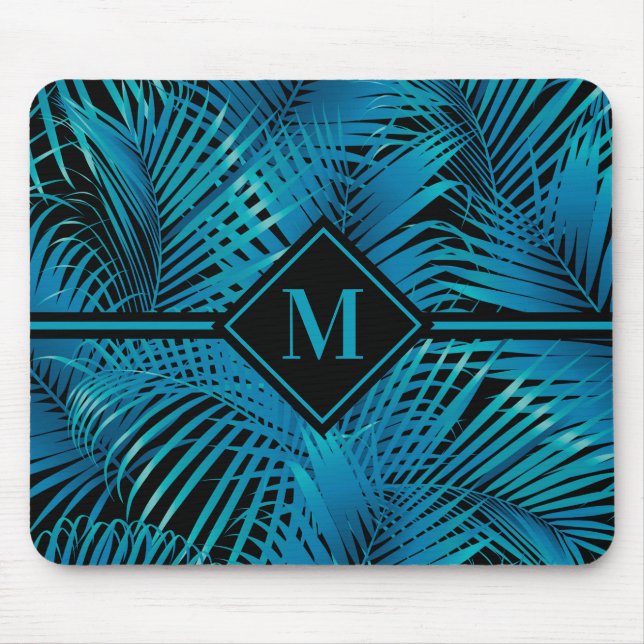 Monogram Türkis Black Palms Mousepad (Vorne)