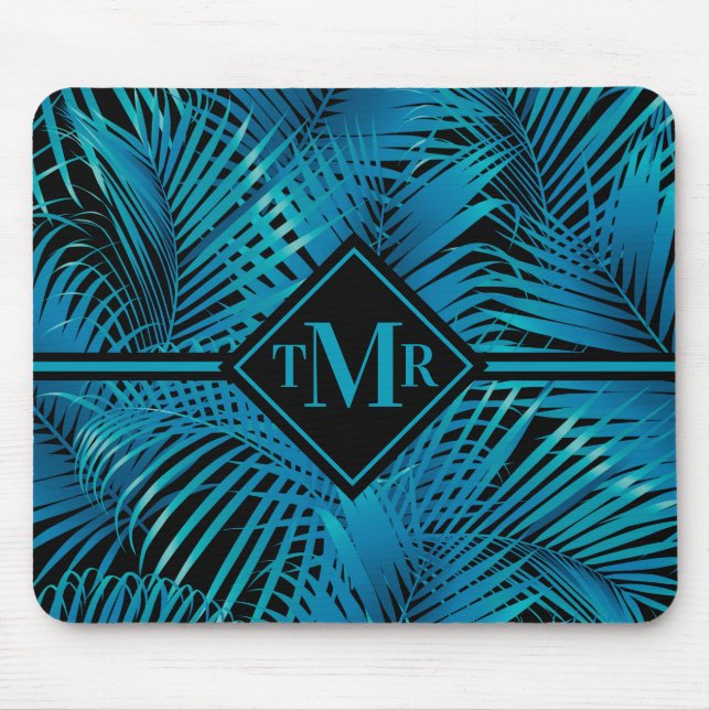 Monogram Türkis Black Palms Mousepad (Vorne)