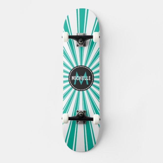 Monogram Türkis Funky Sonnenstrahlen Muster Skateboard (Vorderseite)