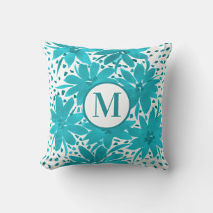 Monogram Turquoise Daisy Watercolor Bouquet Kissen
