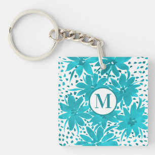 Monogram Turquoise Daisy Watercolor Bouquet Schlüsselanhänger