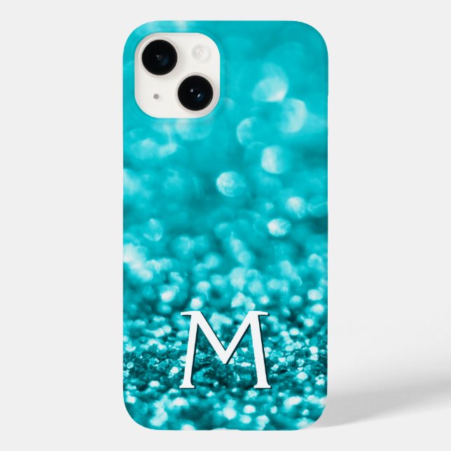 Monogram Turquoise Glitzer Case-Mate iPhone 14 Hülle (Rückseite)