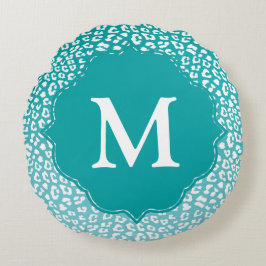 Monogram Turquoise Leopard Print Rundes Kissen