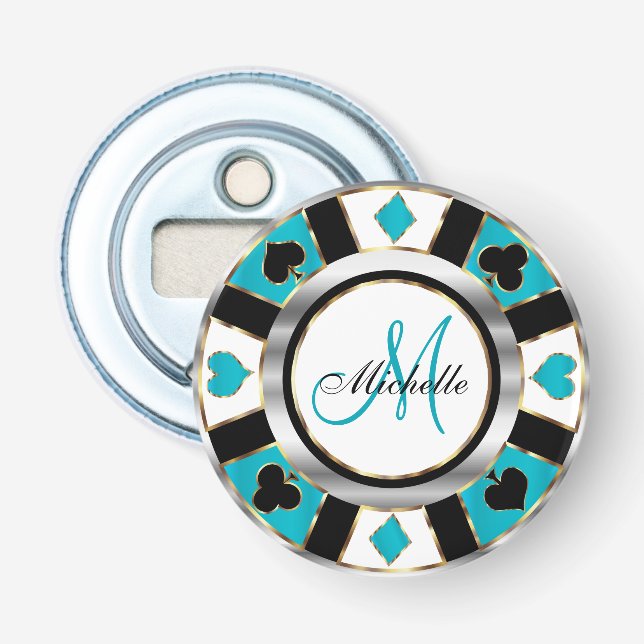 Monogram Turquoise Poker Chip Design Flaschenöffner (Vorderseite)