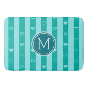Monogram Turquoise Streifen Modernes Herzmuster Badematte