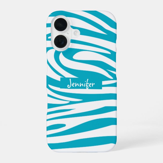 Monogram Turquoise Striped Zebra Muster Trendy iPhone 16 Hülle (Rückseite)