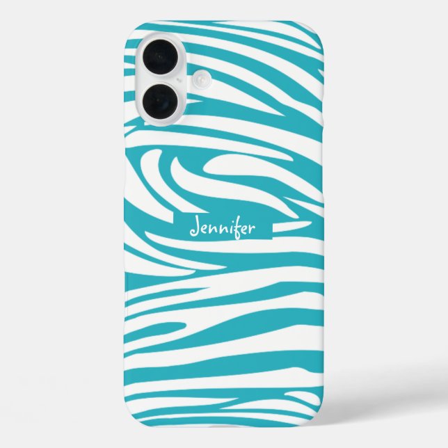 Monogram Turquoise Striped Zebra Muster Trendy iPhone 16 Plus Hülle (Rückseite)