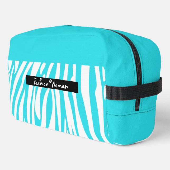 Monogram Turquoise Striped Zebra Muster Trendy Waschbeutel (Linke Seite)