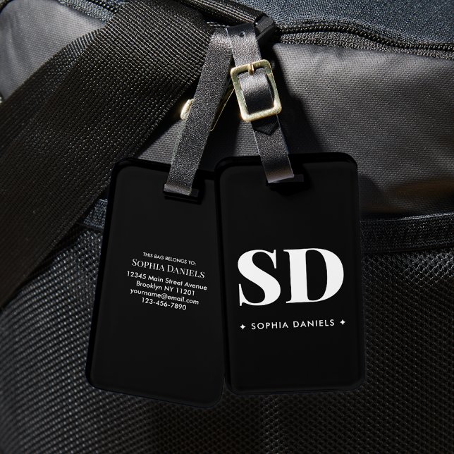 Monogram Two Initial Retro Elegant Schwarz-weiß Gepäckanhänger (Von Creator hochgeladen)