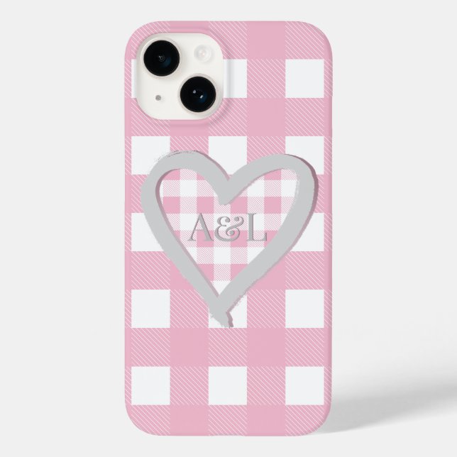 Monogram Two Initials Pink Buffalo Karo Herz Case-Mate iPhone 14 Hülle (Rückseite)