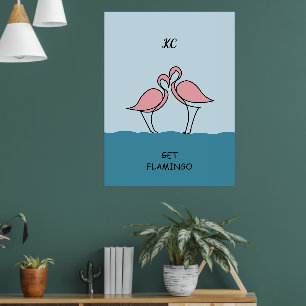 Monogram Two Pink Flamingos on Water Zitat Poster