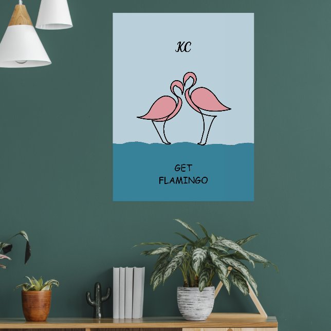 Monogram Two Pink Flamingos on Water Zitat Poster (Wohnzimmer 1)
