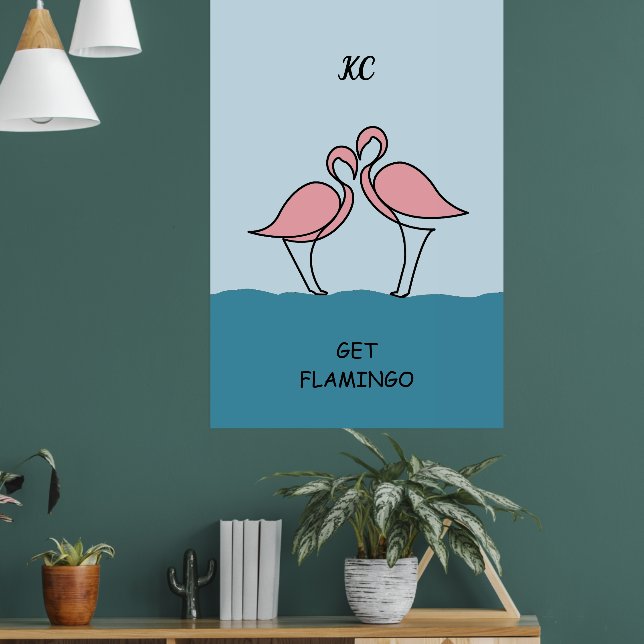 Monogram Two Pink Flamingos on Water Zitat Poster (Wohnzimmer 1)