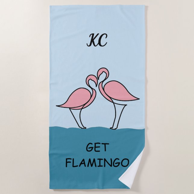 Monogram Two Pink Flamingos on Water Zitat Strandtuch (Vorderseite)