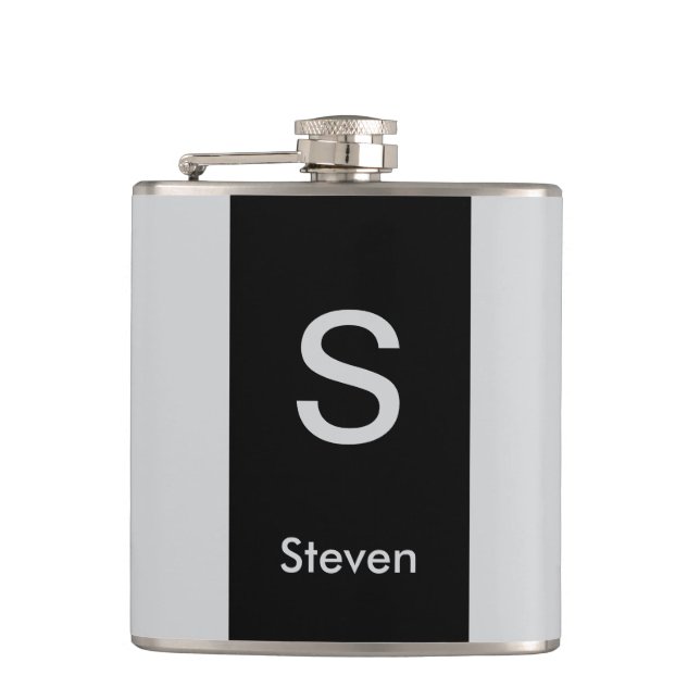 Monogram Two Tone Moderne Schwarz und Grau Flachmann (Vorderseite)